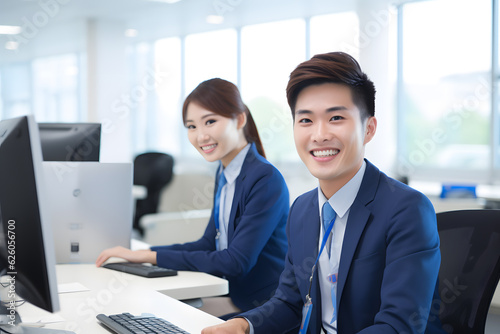 male and female asian customer service worker in desk