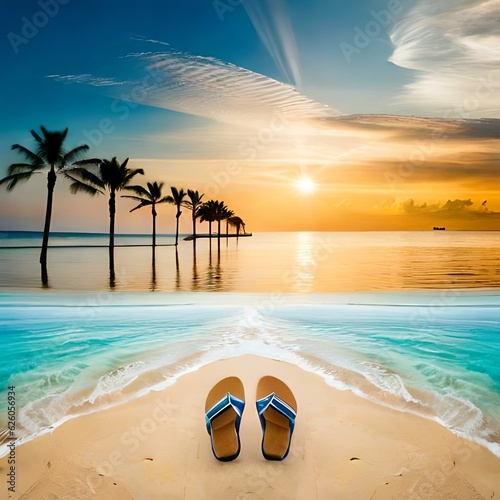 Creative collage image of new collection flip flop shoes ad sand beach tropical palm tree clouds sky summer season. Generative AI
