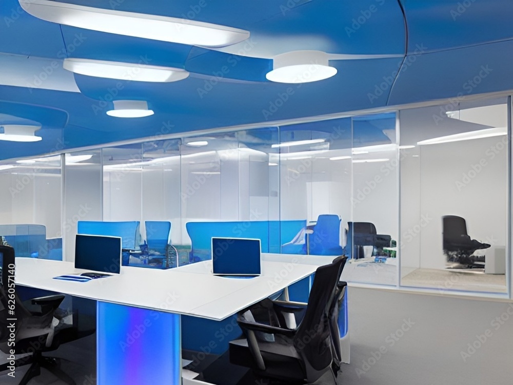 large office with a blue and white ceiling and a desk with chairs and a computer monitor large office with a blue and white ceiling and a desk with chairs and a computer monitor