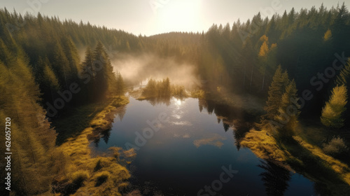 Aerial view of beautiful forest and lake in Carpathian mountains.