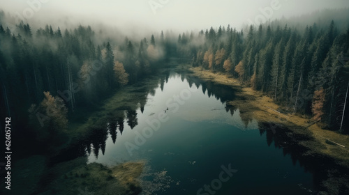 Aerial drone view of foggy forest with small lake in the middle