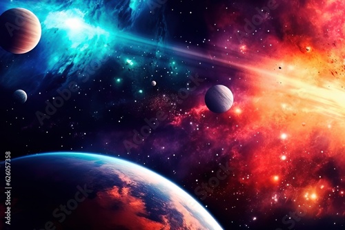 Space scene with planets, stars and galaxies. Nebula and galaxy in deep space. Science fiction art. Generated AI