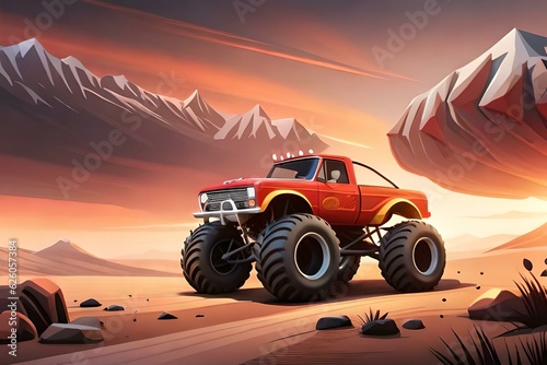 Illustration of a fiery monster truck in cartoon style, perfect for kids. Created with Generative AI technology © Royalty-Free
