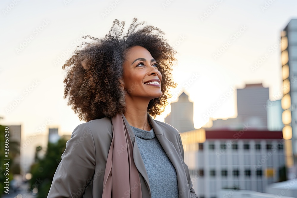Successful smiling black businesswoman standing in big city modern skyscrapers street  thinking of new investment opportunities