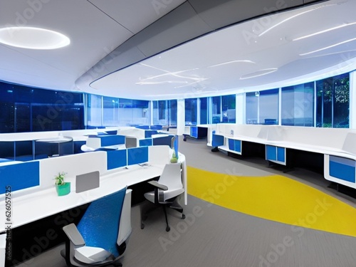 large office with a blue and white ceiling and a desk with chairs and a computer monitor