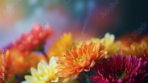 Colorful chrysanthemum flowers on blurred background. Floral background