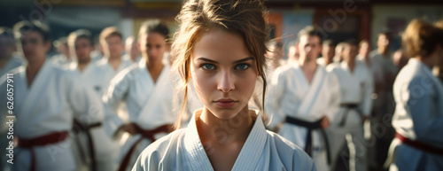 A young Girl doing karate, jiu-jitsu, judo, wrestling with people blurred in background