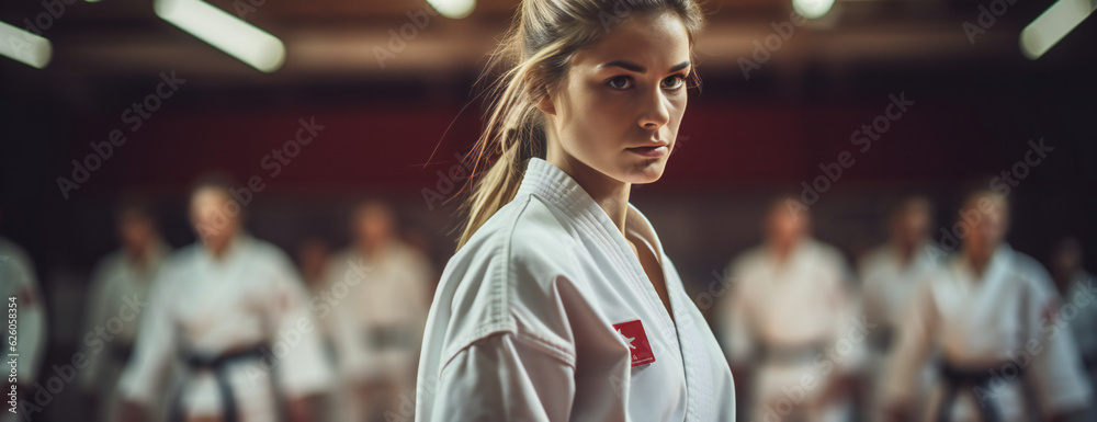 Young Woman doing karate, jiu-jitsu, judo, wrestling with people blurred in background