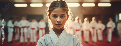 Portrait of a Girl doing karate, jiu-jitsu, judo, wrestling with people blurred in background