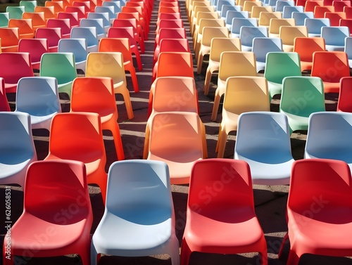 Stille Kontraste: Leere Stühle in leuchtenden Farben