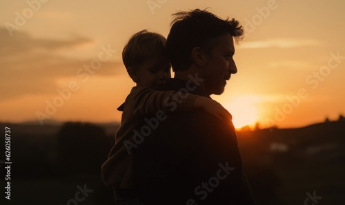 Daddy carrying son on his back at the sunset