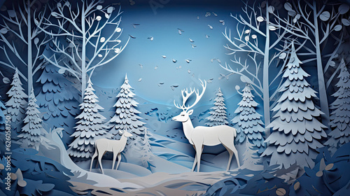 Deer in winter forest,paper cut, illustration winter generative ai © GHart