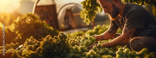 Male farmer collects hops. Home brewery. Banner