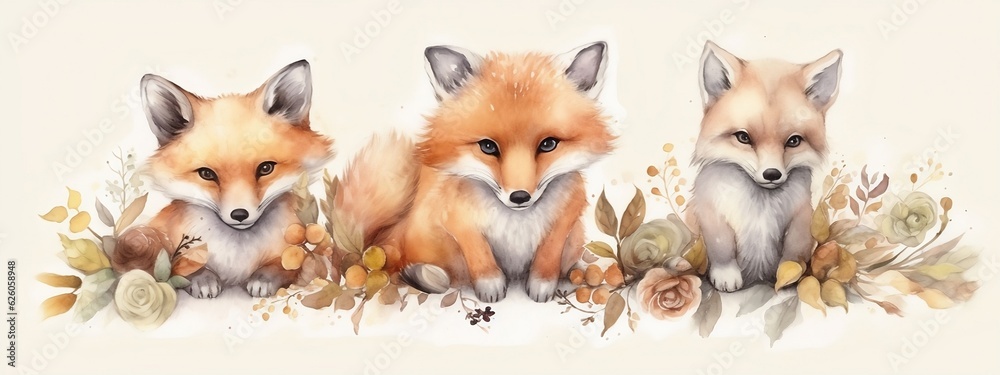 Fototapeta premium Baby foxes watercolor illustration. Generative AI