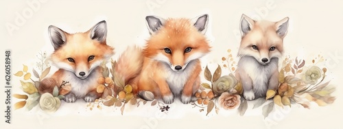Baby foxes watercolor illustration. Generative AI