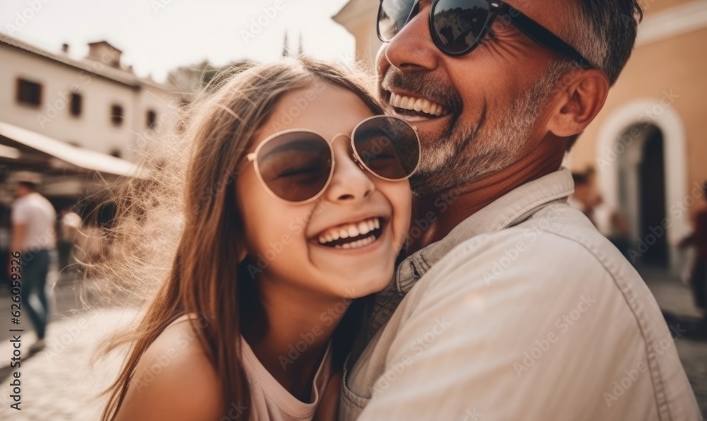 Happy family daughter hugging dad and laughs on holiday