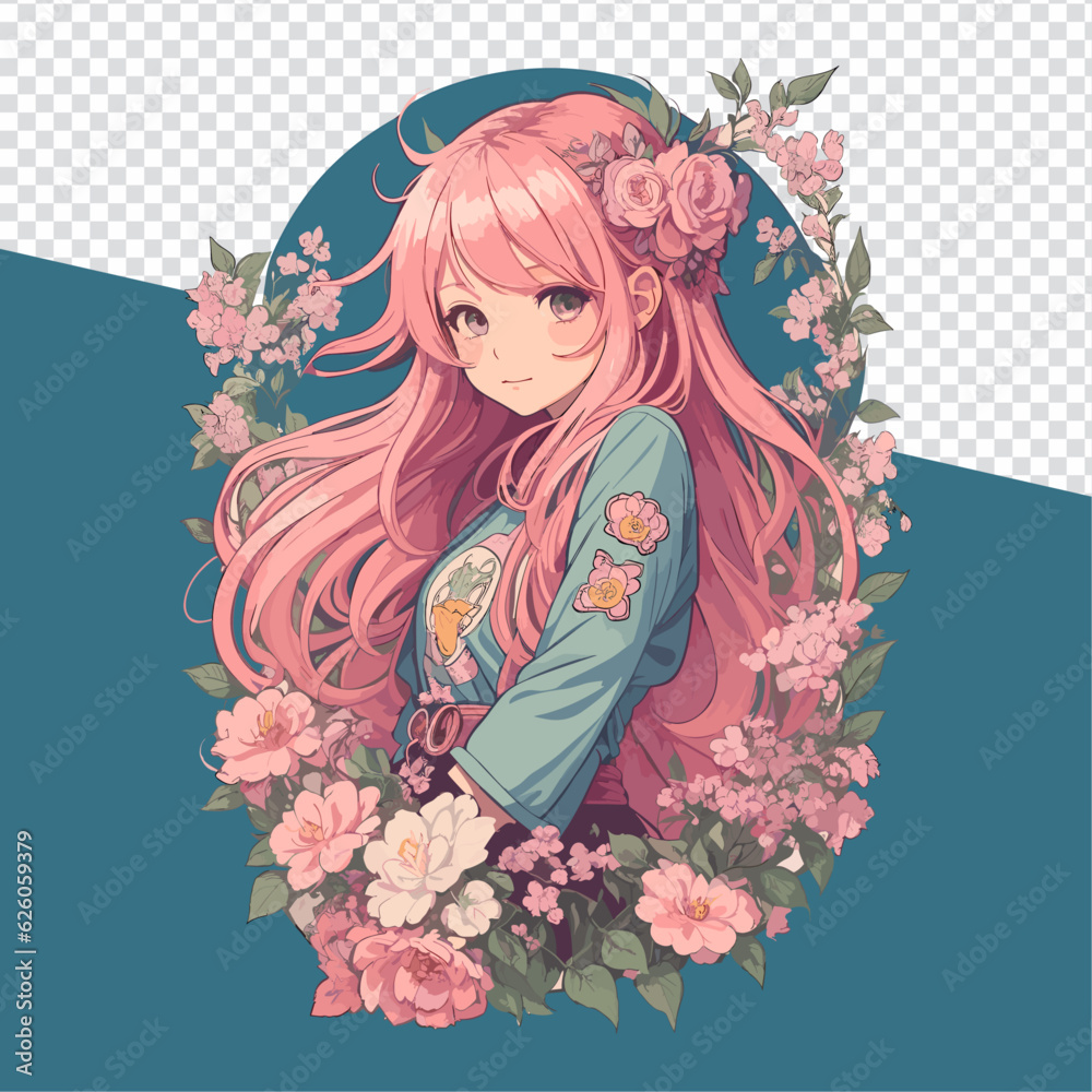Whimsical Anime Girl: Blossoming Beauty in Pink Hair, Perfect for Stickers, Logos, and T-Shirt Prints