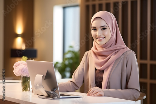 muslim receptionist smile wearing hijab