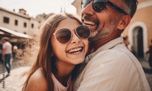 Happy family daughter hugging dad and laughs on holiday