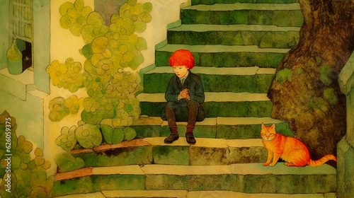 Two red-haired friends - a boy and a cat - are sitting on the steps of a stone staircase. Naive art style storybook illustration
