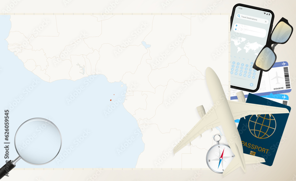 Sao Tome and Principe map and flag, cargo plane on the detailed map of Sao Tome and Principe with flag. Sao Tome and Principe map and flag, cargo plane on the detailed map of Sao Tome and Principe with flag.