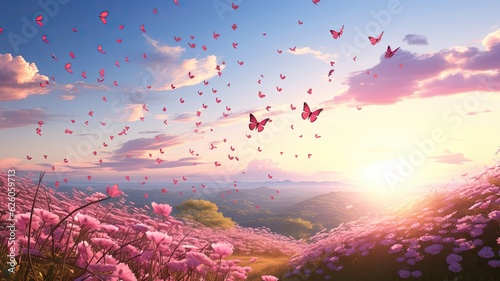 pink butterflies and pink flowers an open field, springtime, pink background.  © Tamara
