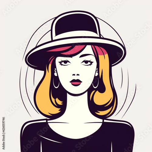 Bold Line Quirky Woman Avatar with hat on white © kilimanjaro 