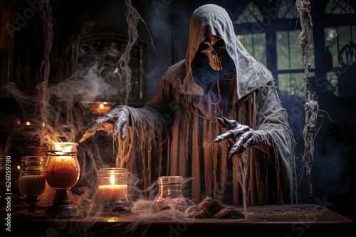Skeleton of wizard inside a library creating a magic potion inside a glass recipient with a spell. Witchcraft and fantasy concept. 