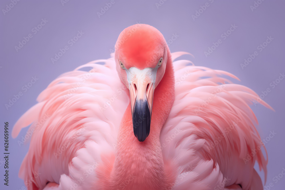 Obraz premium Delicate pink flamingo surrounded by light pastel pink feathers. Creative wallpaper with pink flamingo.