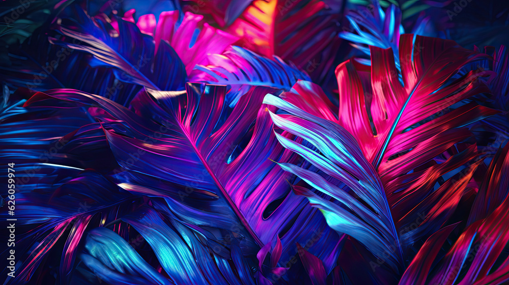 Collage of colorful neon tropical leaves, wallpaper, textured background Collage of colorful neon tropical leaves, wallpaper, textured background