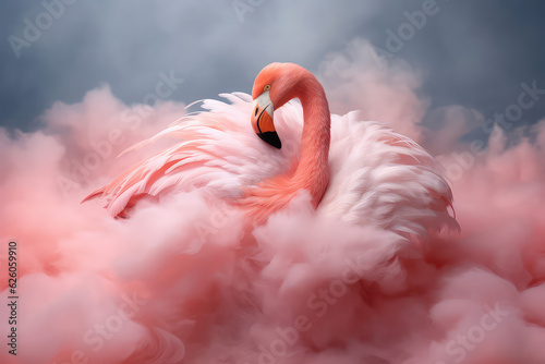 Delicate pink flamingo surrounded by light pastel pink feathers. Creative wallpaper with pink flamingo. 
