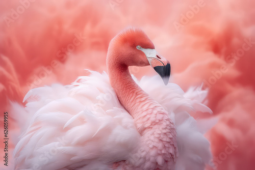 Delicate pink flamingo surrounded by light pastel pink feathers. Creative wallpaper with pink flamingo. 