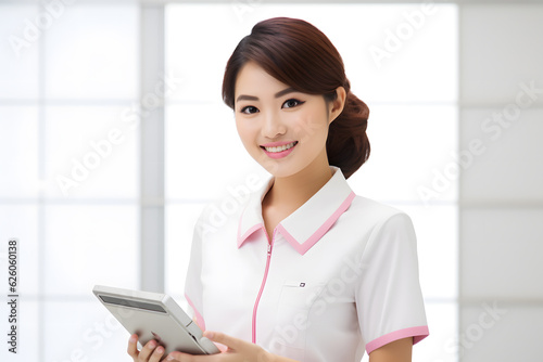 female receptionist smile in pink and white outfit