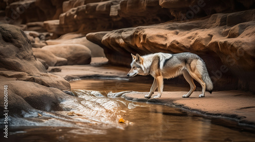 Lonely coyote going to drink water in a deserted canyon with a creek and many rocks. Ethereal bottom creek with lone coyote in the environment. Realistic 3D illustration. Generative AI