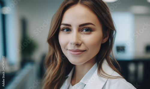 Portrait Of Smiling Female Doctor Wearing White Coat With Stethoscope In Hospital Office
