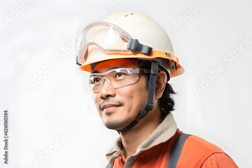 Asian wood craft worker man wearing safety glasses and helmet © AGSTRONAUT