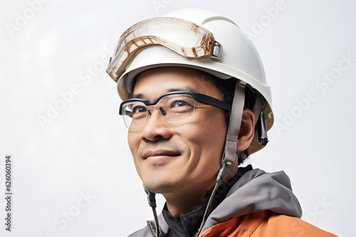 Asian wood craft worker man wearing safety glasses and helmet