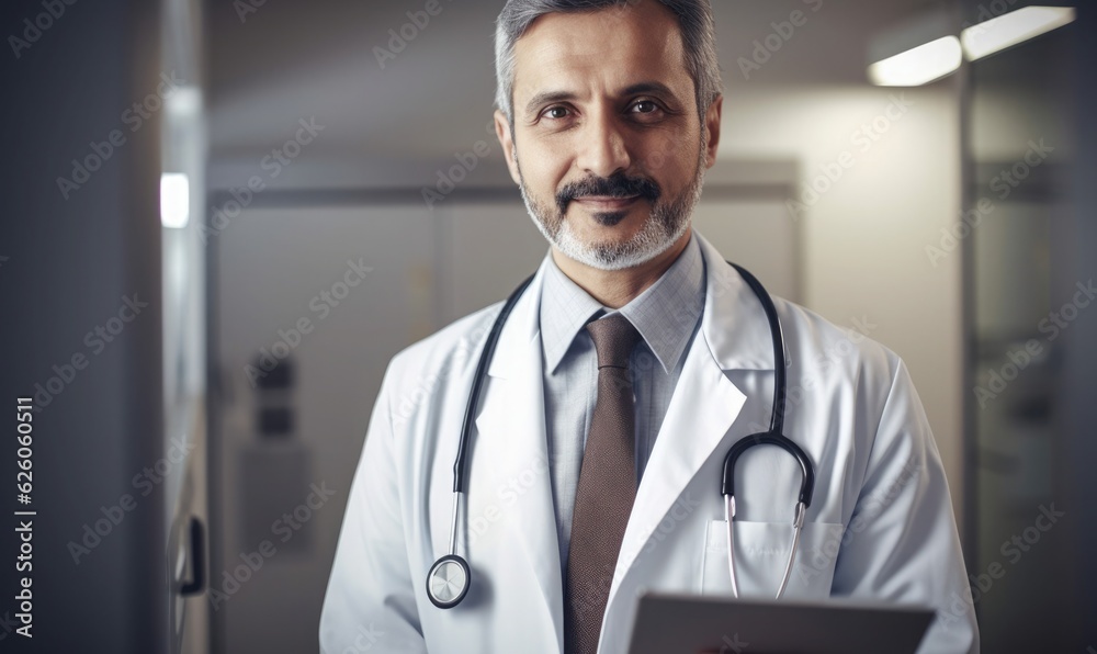 Smiling doctor standing in medical practic Smiling doctor standing in medical practic
