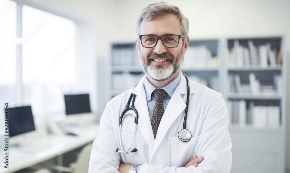 Smiling doctor standing in medical practic Smiling doctor standing in medical practic
