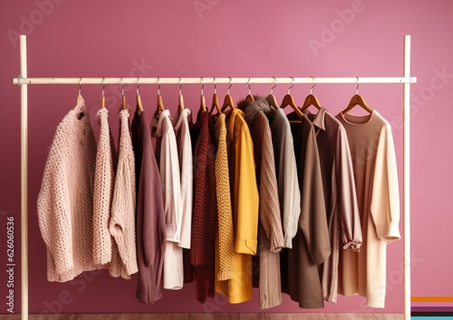 Stylish clothes, garments on a rack