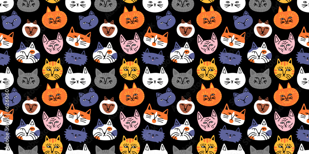 Funny cat animal cartoon seamless pattern in colorful flat illustration style. Cute kitten pet background, diverse domestic cats wallpaper. Funny cat animal cartoon seamless pattern in colorful flat illustration style. Cute kitten pet background, diverse domestic cats wallpaper.