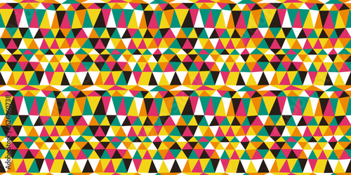 Colorful geometric triangle shape flat cartoon seamless pattern. Funny handmade patchwork quilt style background for children concept or party backdrop design.