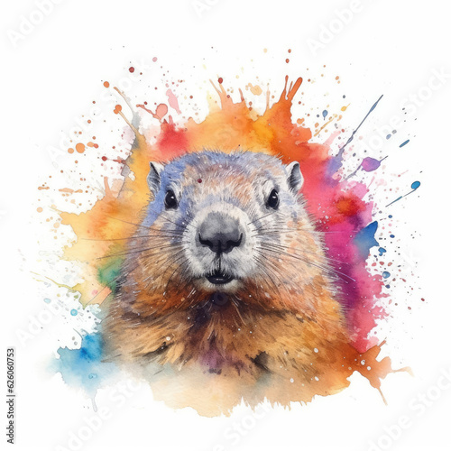 Watercolor groundhog. Generative Ai