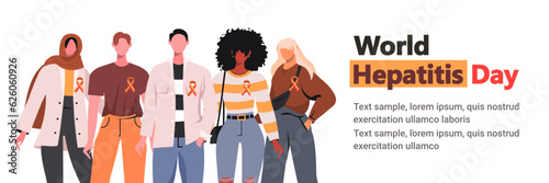 Multiethnic men and women stand together with yellow and red ribbon. World Hepatitis Day. Healthcare and World cancer day concept. Place for your text. Vector banner for social media, card, poster. 