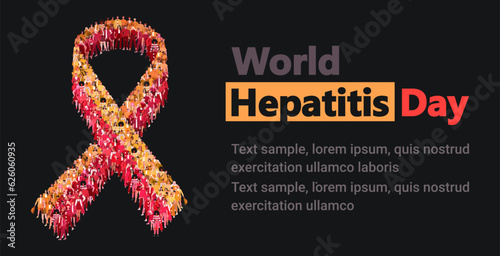 World Hepatitis Day, 28 July. Liver cancer. Large group of people form to a yellow and red ribbon. Medical illustration for website and mobile website development, apps is presented. Website template 