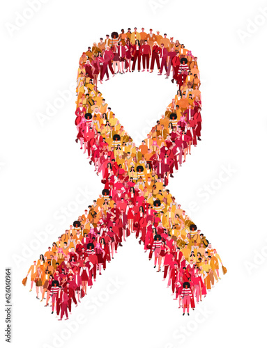 World Hepatitis Day, 28 July. Liver cancer. Large group of people form to a yellow and red ribbon. A crowd of male and female characters. Medicine and Healthcare concept. Flat vector illustration 