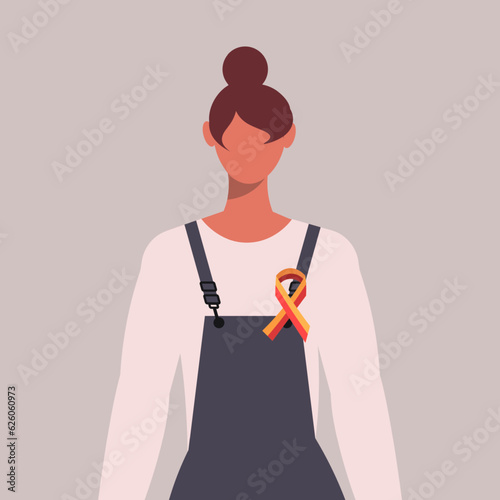 Young woman with yellow and red ribbon. World Hepatitis Day, 28 July. Liver cancer awareness month. Flat vector illustration isolated on gray background. 