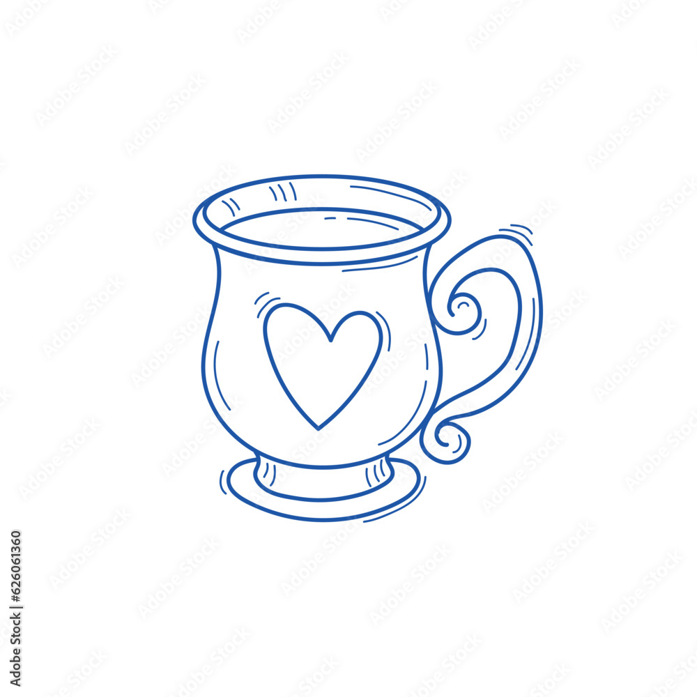 Line illustration of exquisite mug, cup of tea or coffee with heart in doodle style isolated on a white background