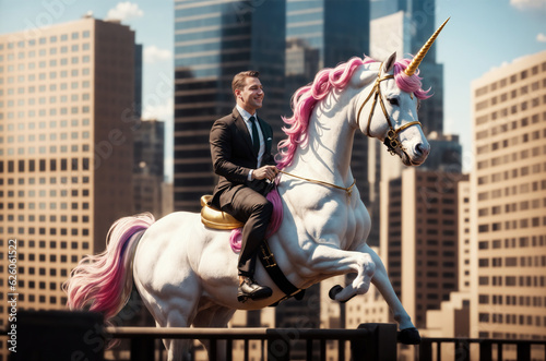 CEO Riding a Unicorn: a symbol of rare and innovative startup companies valued at over $1 billion. or describing a CEO with wide range of qualifications. investment & venture capital industry theme.  photo