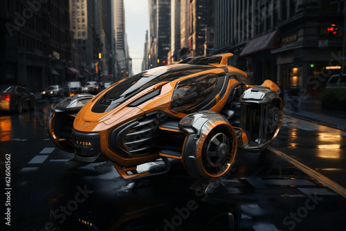 Fantasy city of the future New York, America, flying futuristic extremely technical cars, robotics, photorealism, hyperrealism, highly detailed. AI generative